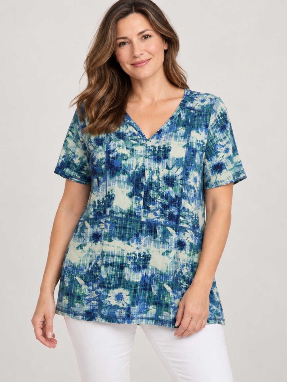 LOGO Lori Goldstein Blue Green Abstract Print V-Neck Tunic Top Pockets Size S
